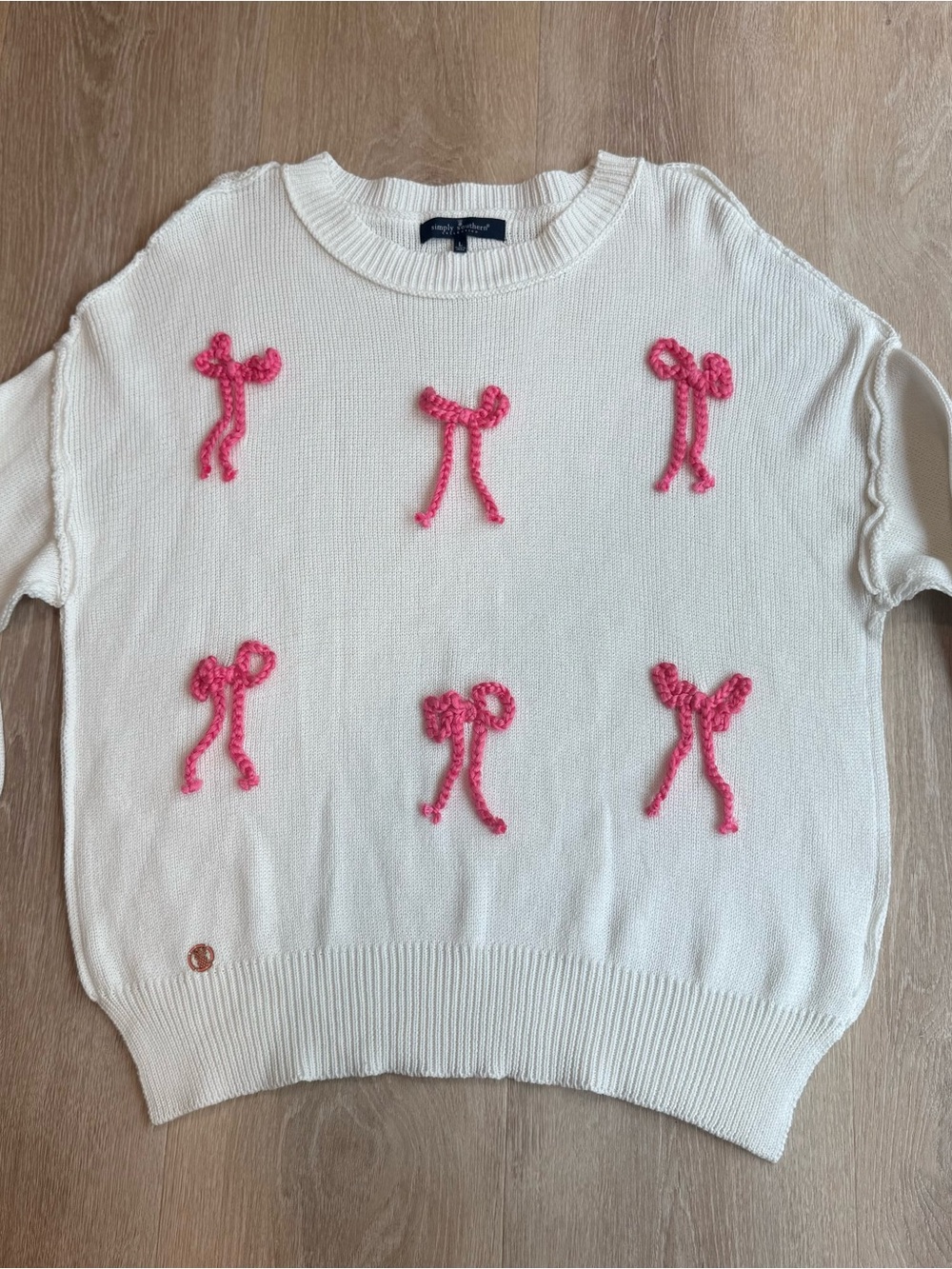 Simply Southern Cream Crewneck Sweater with Pink Bow Appliqués
